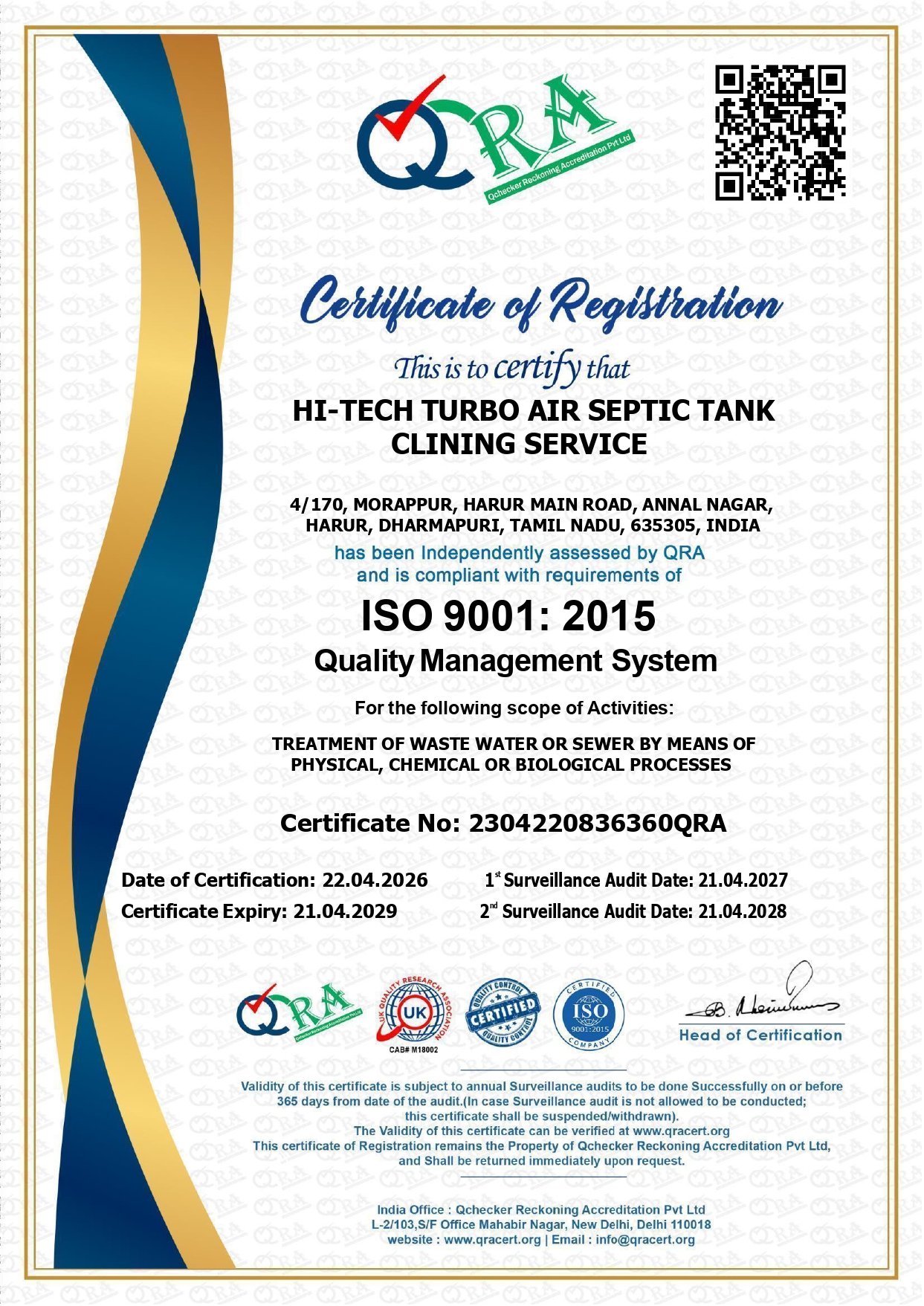 ISO 9001:2015 Quality Management Certificate Registration